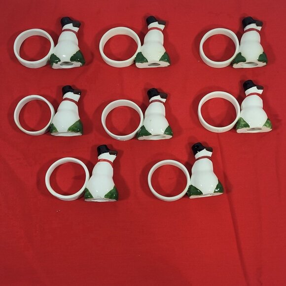 Vintage Snowman Ceramic Napkin Rings Set of 8 White Green Red Handpainted - Picture 2 of 8